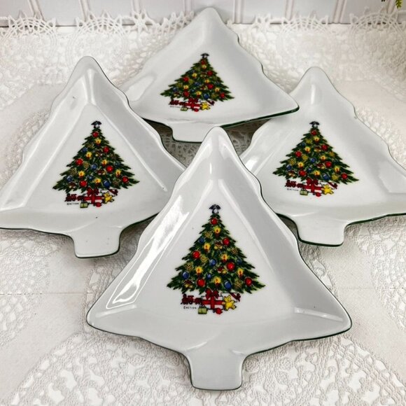 Vintage Christmas By Carlton Set of 4 Tree Shaped Dishes Mount Clemens Pottery - Picture 3 of 11
